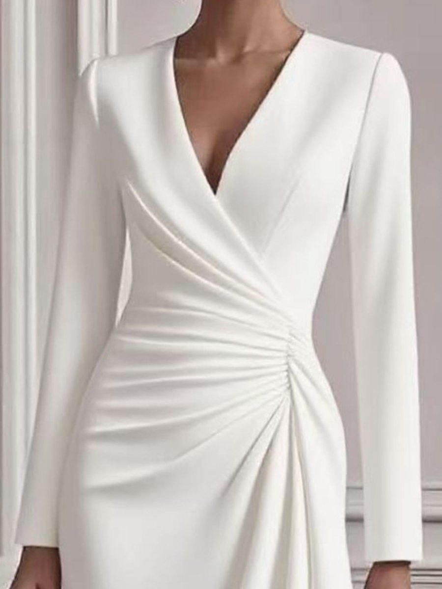 Elegant A-Line Midi Dress Front Ruched V-Neck Long Sleeve