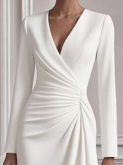 Elegant A-Line Midi Dress Front Ruched V-Neck Long Sleeve