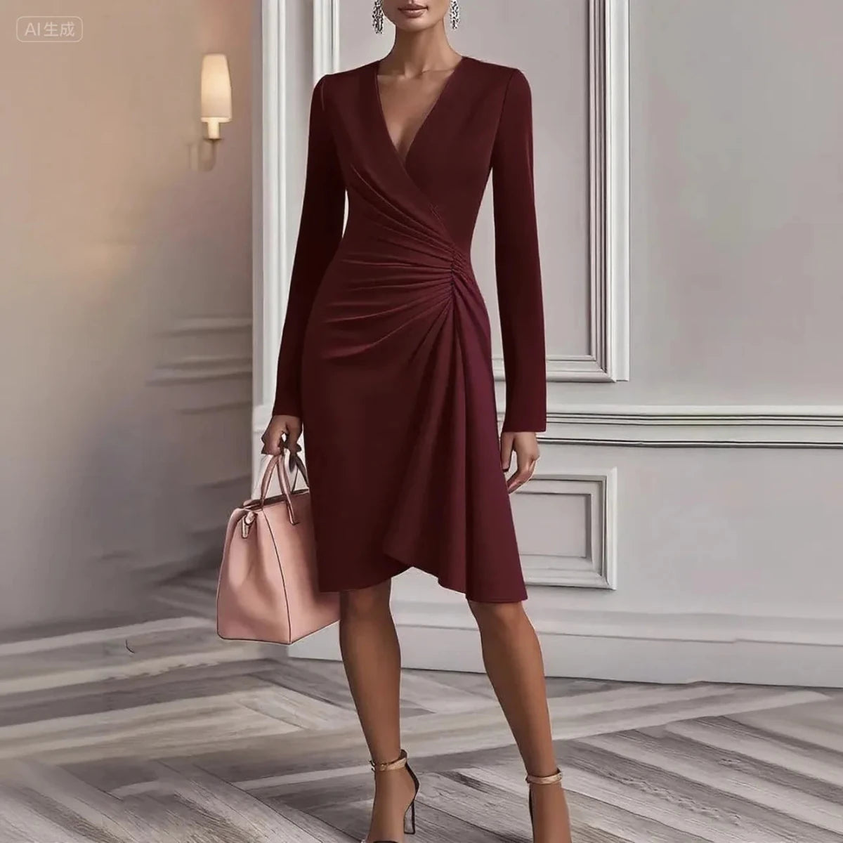 Elegant A-Line Midi Dress Front Ruched V-Neck Long Sleeve