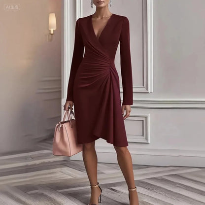 Elegant A-Line Midi Dress Front Ruched V-Neck Long Sleeve