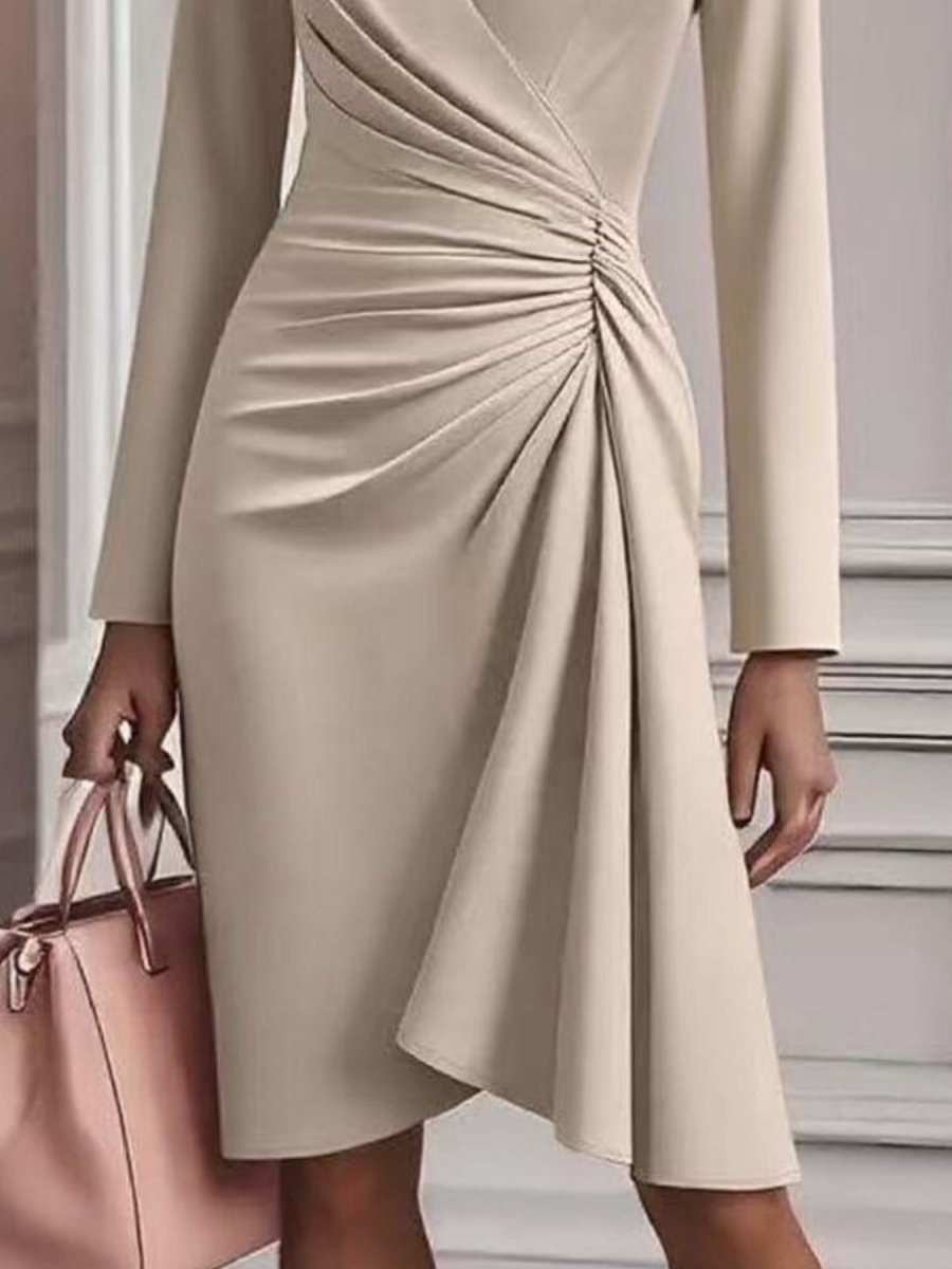 Elegant A-Line Midi Dress Front Ruched V-Neck Long Sleeve