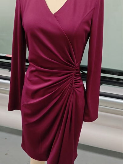 Elegant A-Line Midi Dress Front Ruched V-Neck Long Sleeve