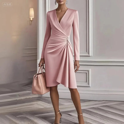 Elegant A-Line Midi Dress Front Ruched V-Neck Long Sleeve