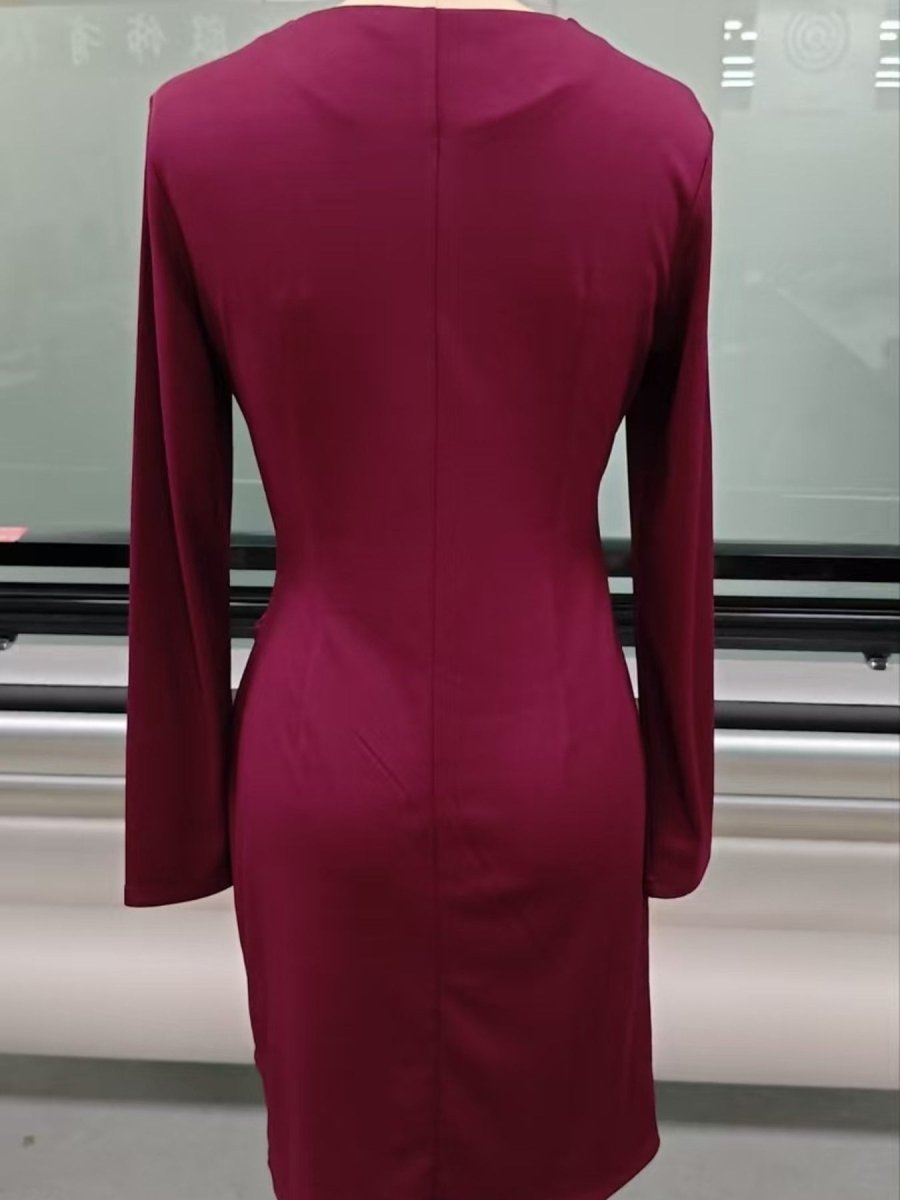 Elegant A-Line Midi Dress Front Ruched V-Neck Long Sleeve