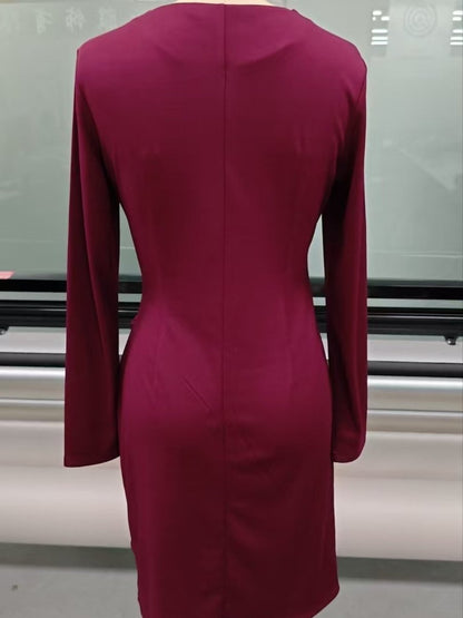 Elegant A-Line Midi Dress Front Ruched V-Neck Long Sleeve