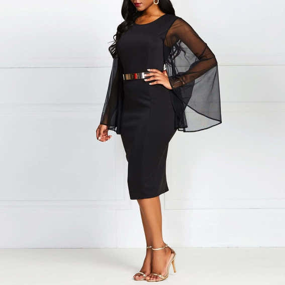 Elegant Black African Vintage Summer Women Midi Dresses Bodycon Flare Sleeve High Waist Mesh Female Retro Plain Dress Plus Size - - Women - Apparel - Dresses - Day to Night - Milvertons