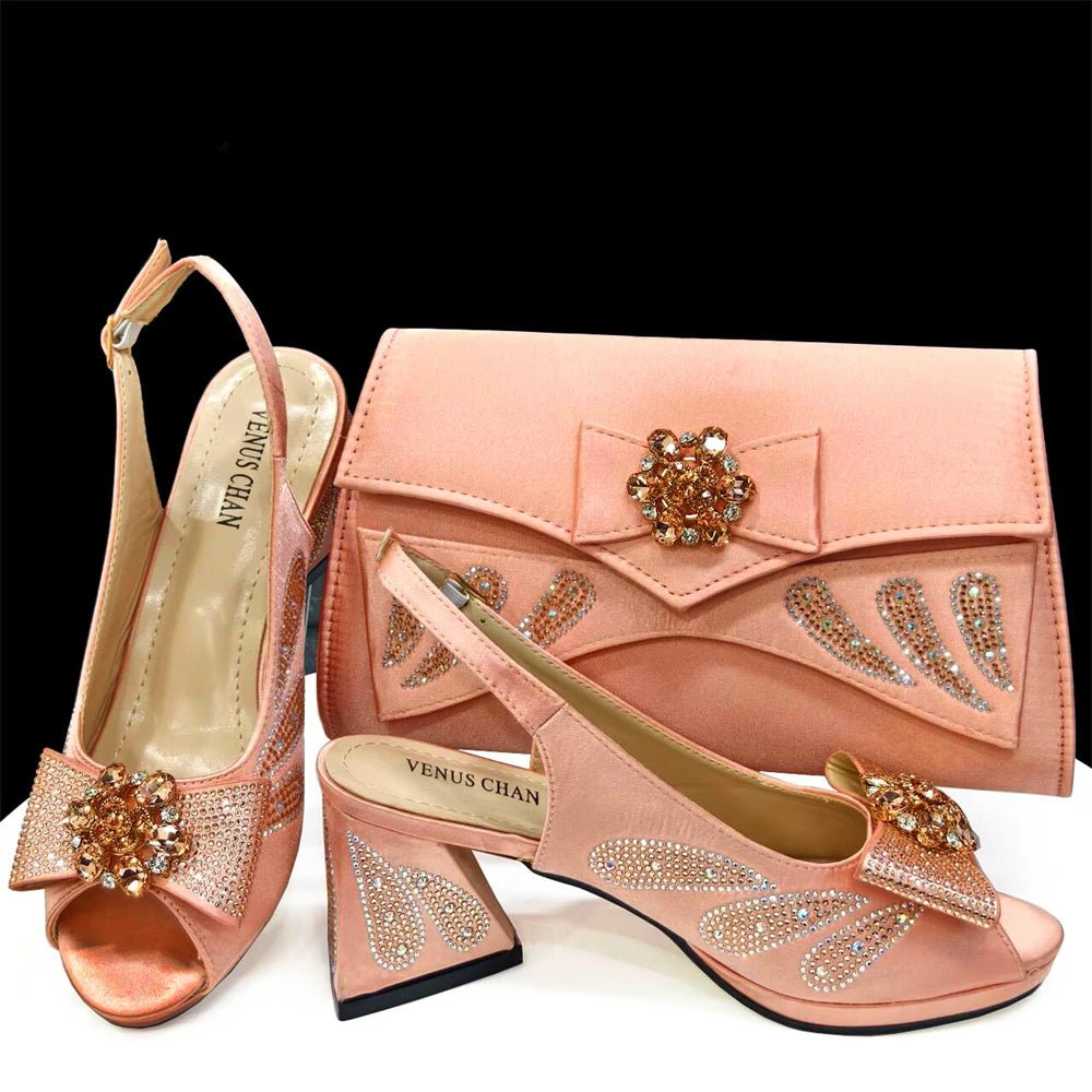 Elegant Italian Rhinestone Shoes and Bag for Evening Parties - Peach - Women - Shoes - Milvertons