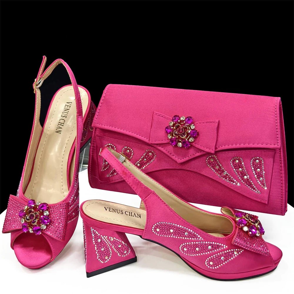 Elegant Italian Rhinestone Shoes and Bag for Evening Parties - Fuchsia - Women - Shoes - Milvertons