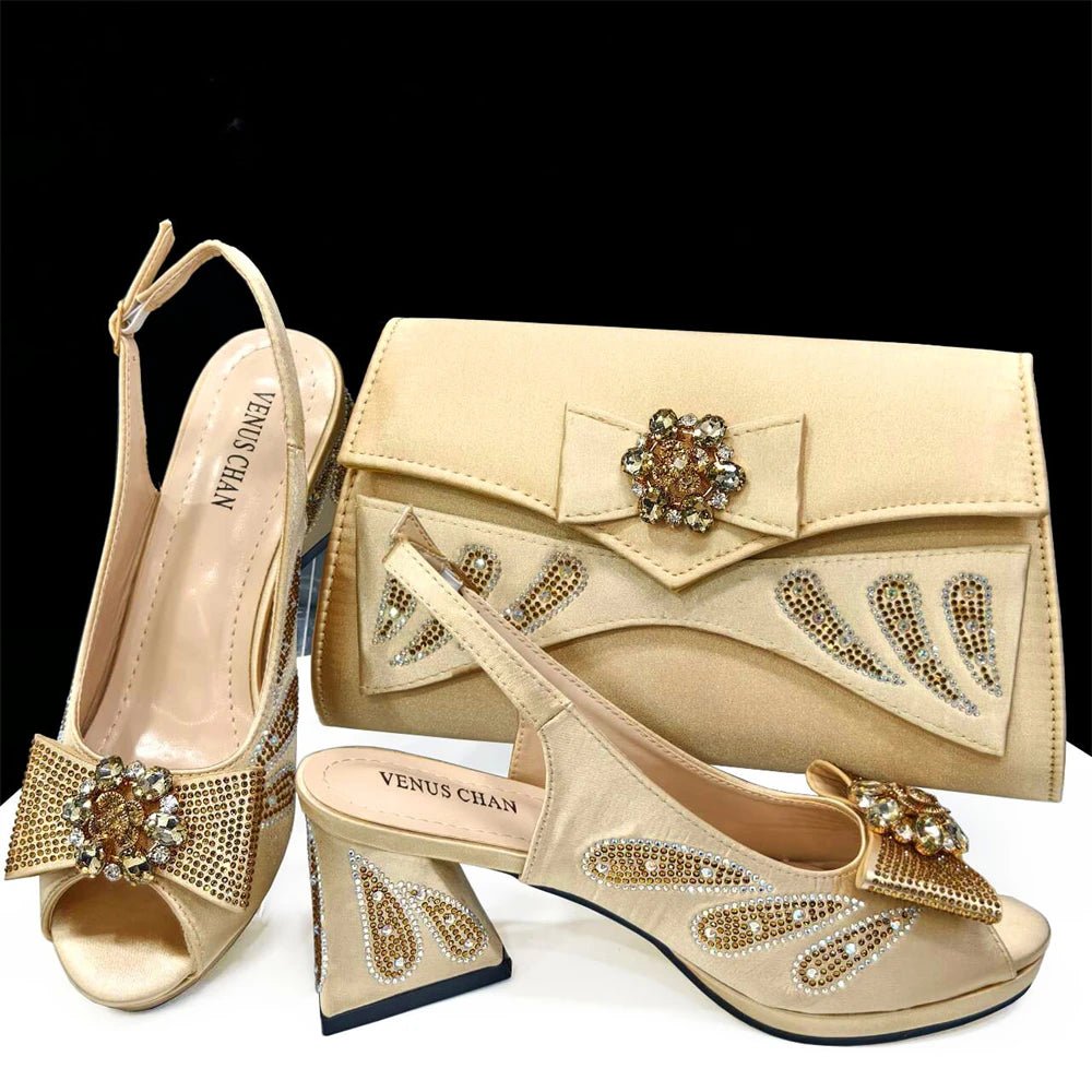 Elegant Italian Rhinestone Shoes and Bag for Evening Parties - Light Gold - Women - Shoes - Milvertons