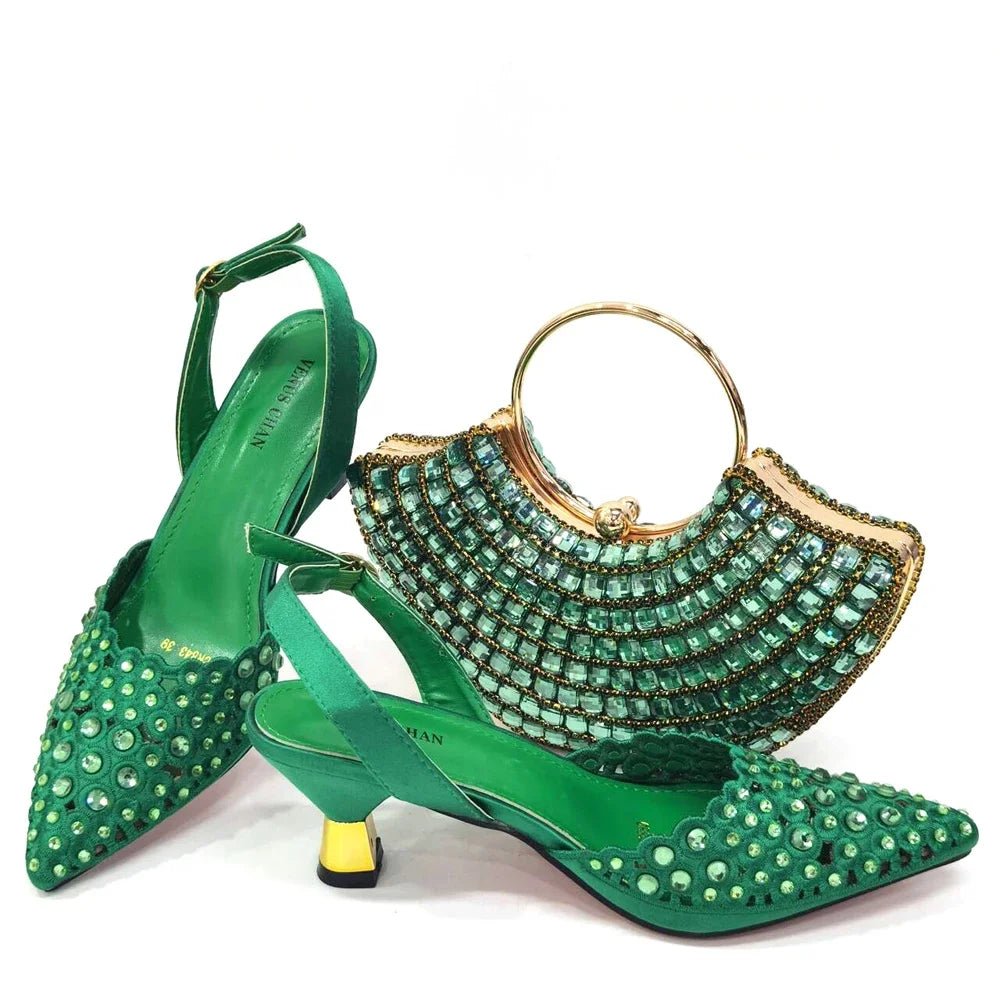 Elegant Party Shoes & Bag Set with Rhinestone Detailing - Green - Women - Shoes - Milvertons