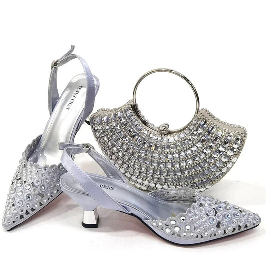 Elegant Party Shoes & Bag Set with Rhinestone Detailing - Silver - Women - Shoes - Milvertons