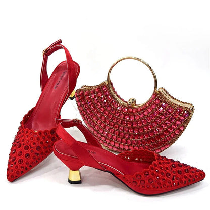 Elegant Party Shoes & Bag Set with Rhinestone Detailing - Red - Women - Shoes - Milvertons