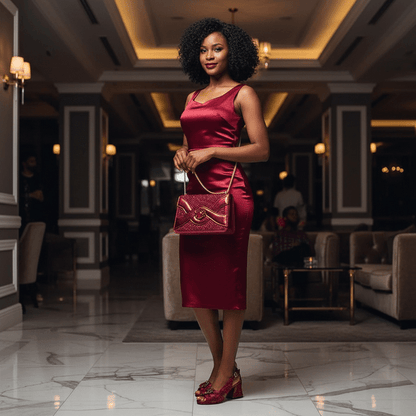 Woman in a red dress, wearing wine elegant peep-toe heels and holding a matching handbag in a luxurious interior setting.