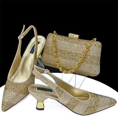 Elegant Pointed Toe Rhinestone Heels & Bag Set for Women - Gold - Women - Shoes - Milvertons