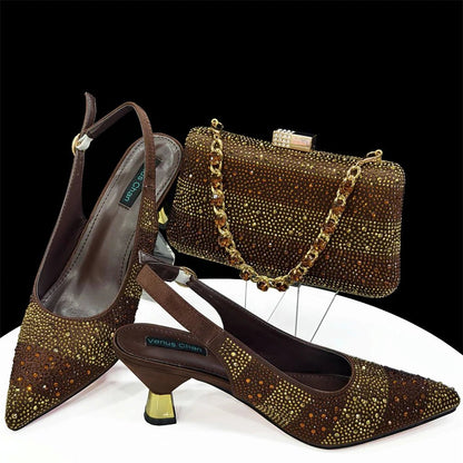 Elegant Pointed Toe Rhinestone Heels & Bag Set for Women - Coffee - Women - Shoes - Milvertons