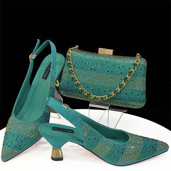 Elegant Pointed Toe Rhinestone Heels & Bag Set for Women - Green - Women - Shoes - Milvertons