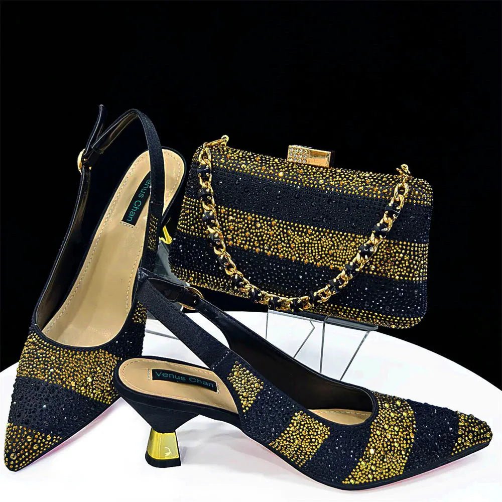 Elegant Pointed Toe Rhinestone Heels & Bag Set for Women - Black - Women - Shoes - Milvertons