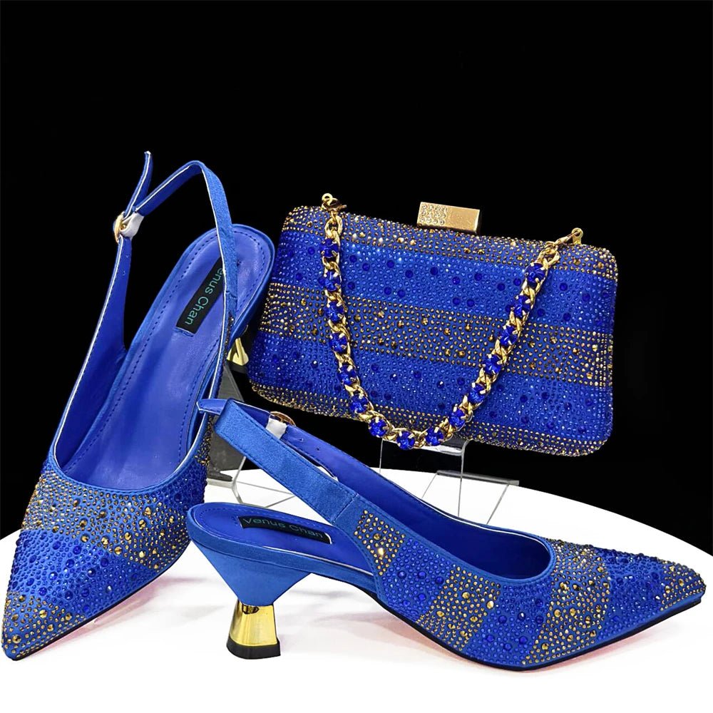 Elegant Pointed Toe Rhinestone Heels & Bag Set for Women - Blue - Women - Shoes - Milvertons