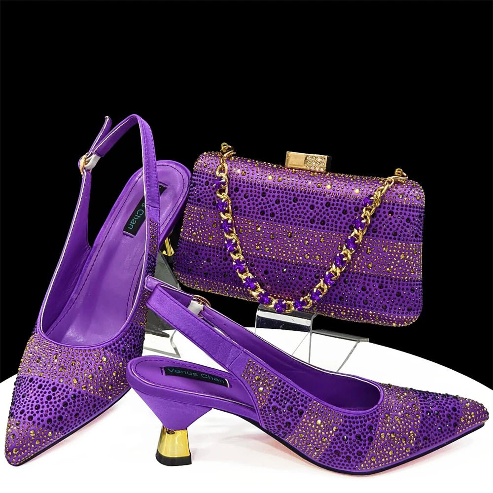 Elegant Pointed Toe Rhinestone Heels & Bag Set for Women - Purple - Women - Shoes - Milvertons