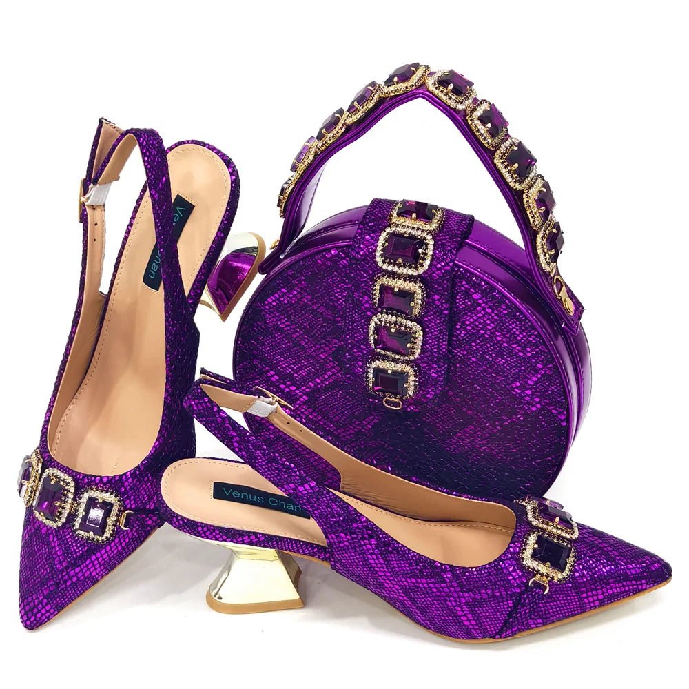 Elegant Rhinestone Heels & Bag Set - Ideal for Weddings - Purple - Women - Shoes - Milvertons