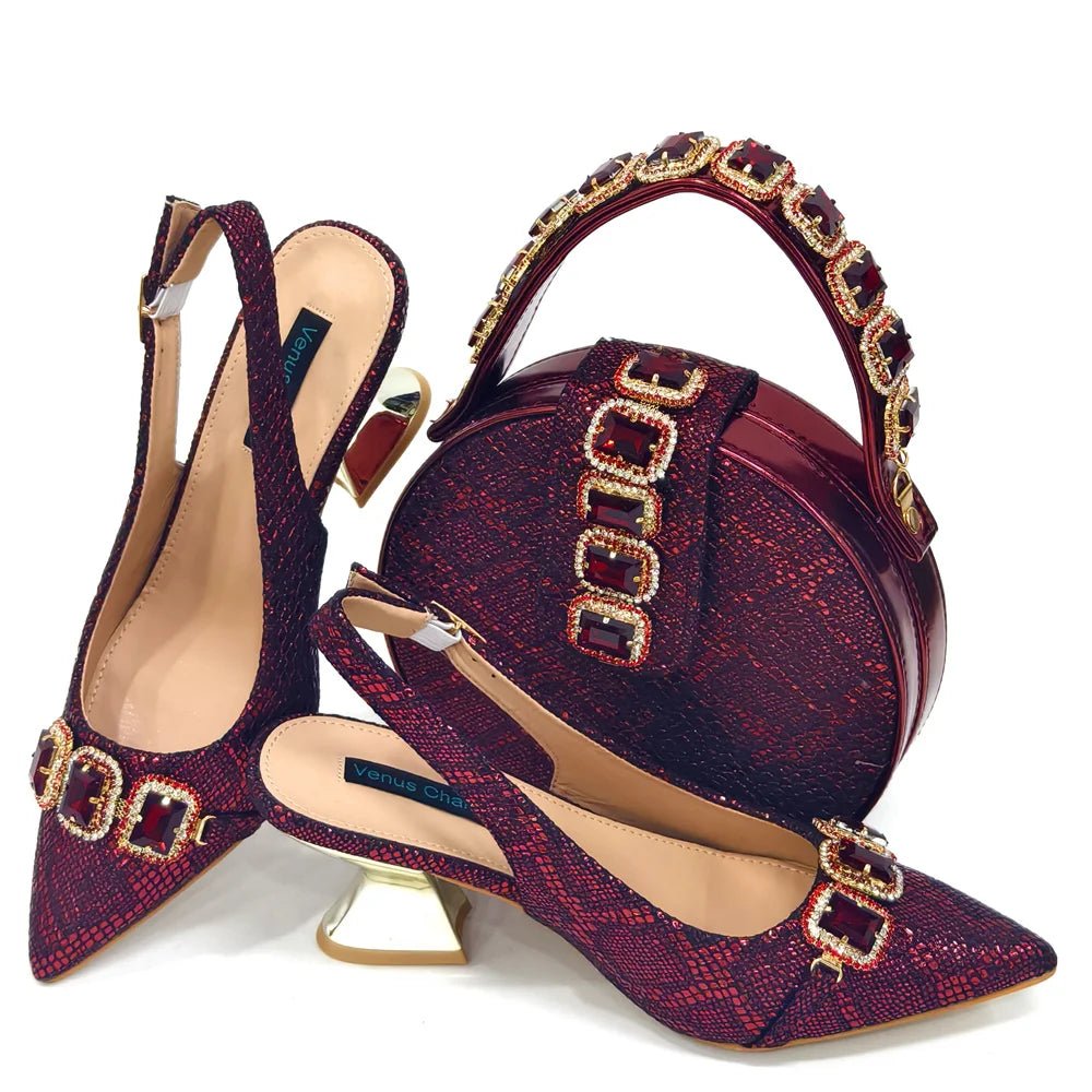 Elegant Rhinestone Heels & Bag Set - Ideal for Weddings - Wine - Women - Shoes - Milvertons