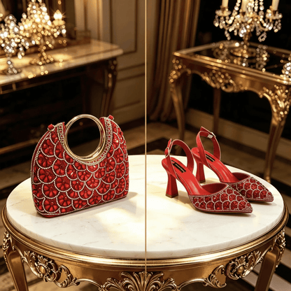 Red Elegant Rhinestone Pointed Toe Heels and Matching Bag Set