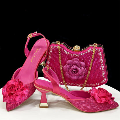 Elegant Wedding Shoe and Bag Set with Handmade Flowers