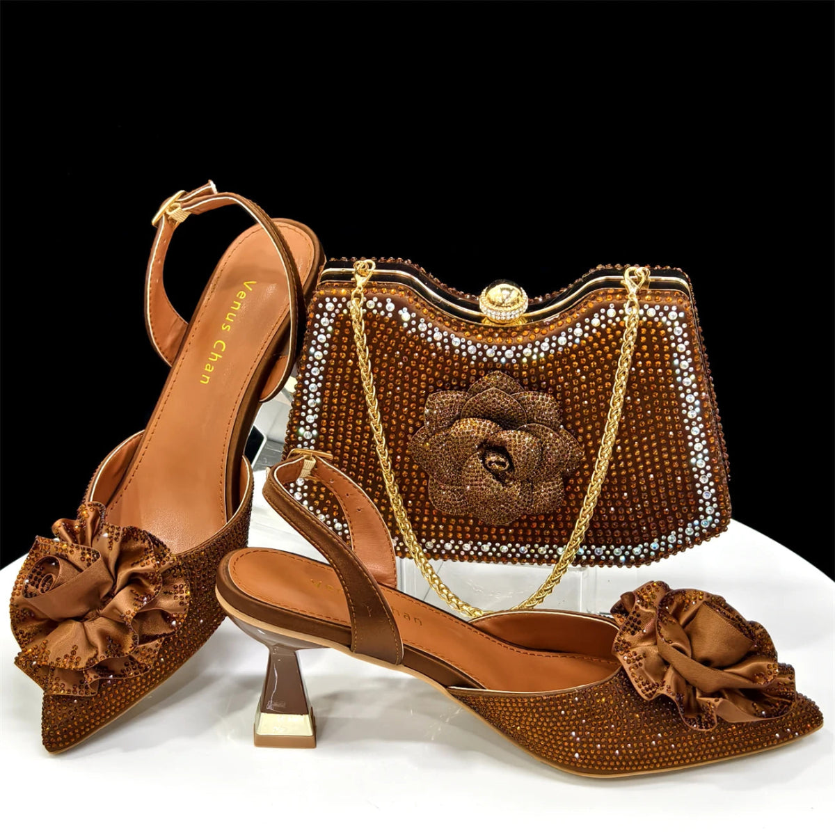 Elegant Wedding Shoe and Bag Set with Handmade Flowers