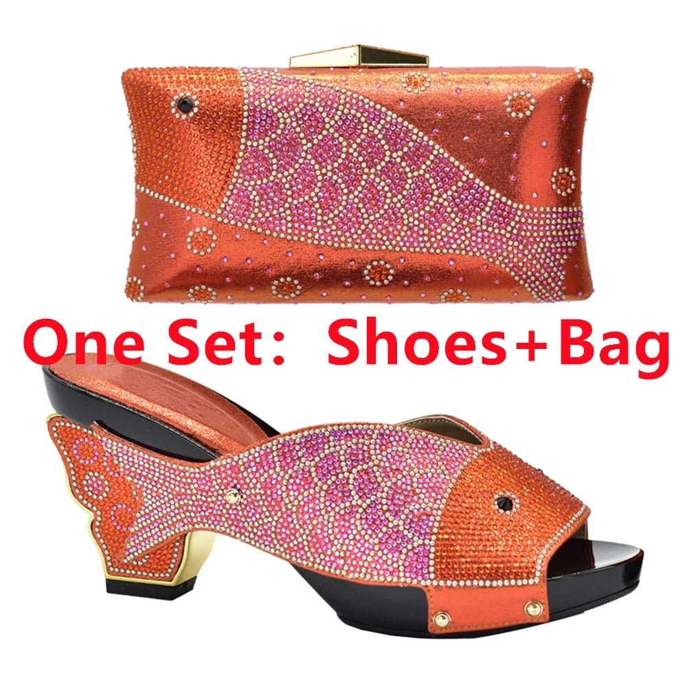 Elegant Wedge Shoes and Matching Bag with Rhinestone Accents - Orange - Women - Shoes - Milvertons