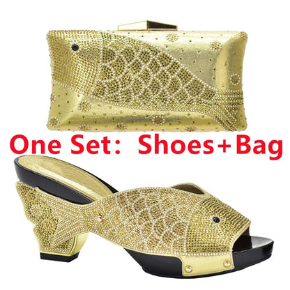 Elegant Wedge Shoes and Matching Bag with Rhinestone Accents - Gold - Women - Shoes - Milvertons