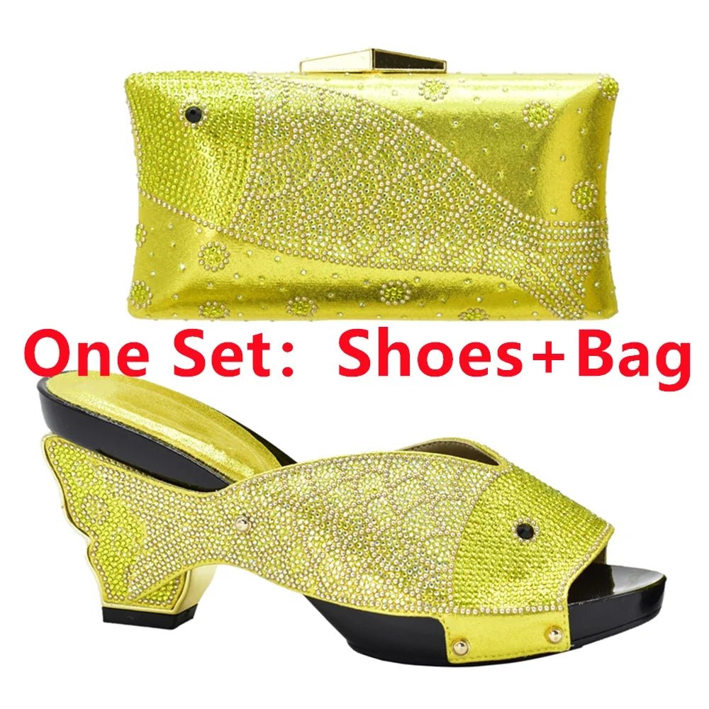 Elegant Wedge Shoes and Matching Bag with Rhinestone Accents - Yellow - Women - Shoes - Milvertons