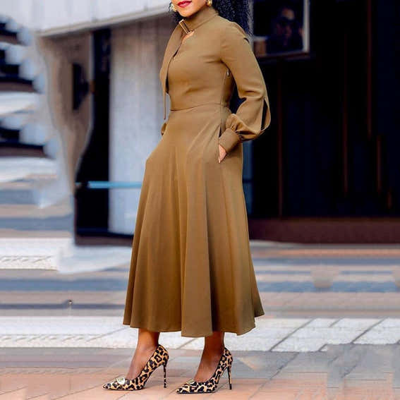 Elegant Women's A-Line Dress African Office Lady Stand Collar Lantern Sleeve Mid-Calf Women's Dress Robe Autumn Vestiods - - Women - Apparel - Dresses - Day to Night - Milvertons