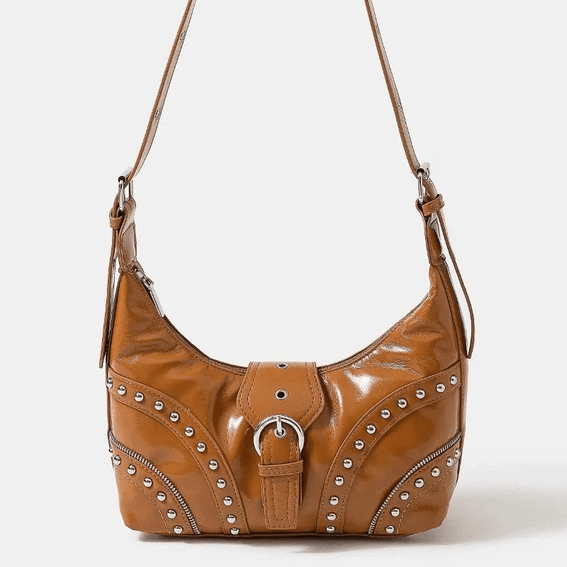 Brown Fame Faux Leather Studded Trim Shoulder Bag on a white background