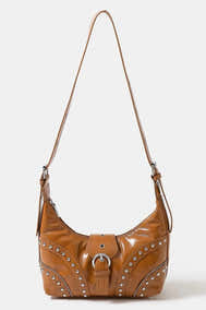 Fame Faux Leather Studded Trim Shoulder Bag - Caramel One Size - - Milvertons