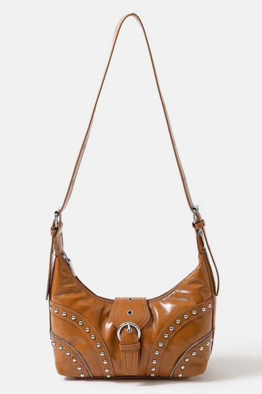 Fame Faux Leather Studded Trim Shoulder Bag - Caramel One Size - Women - Bags - Milvertons