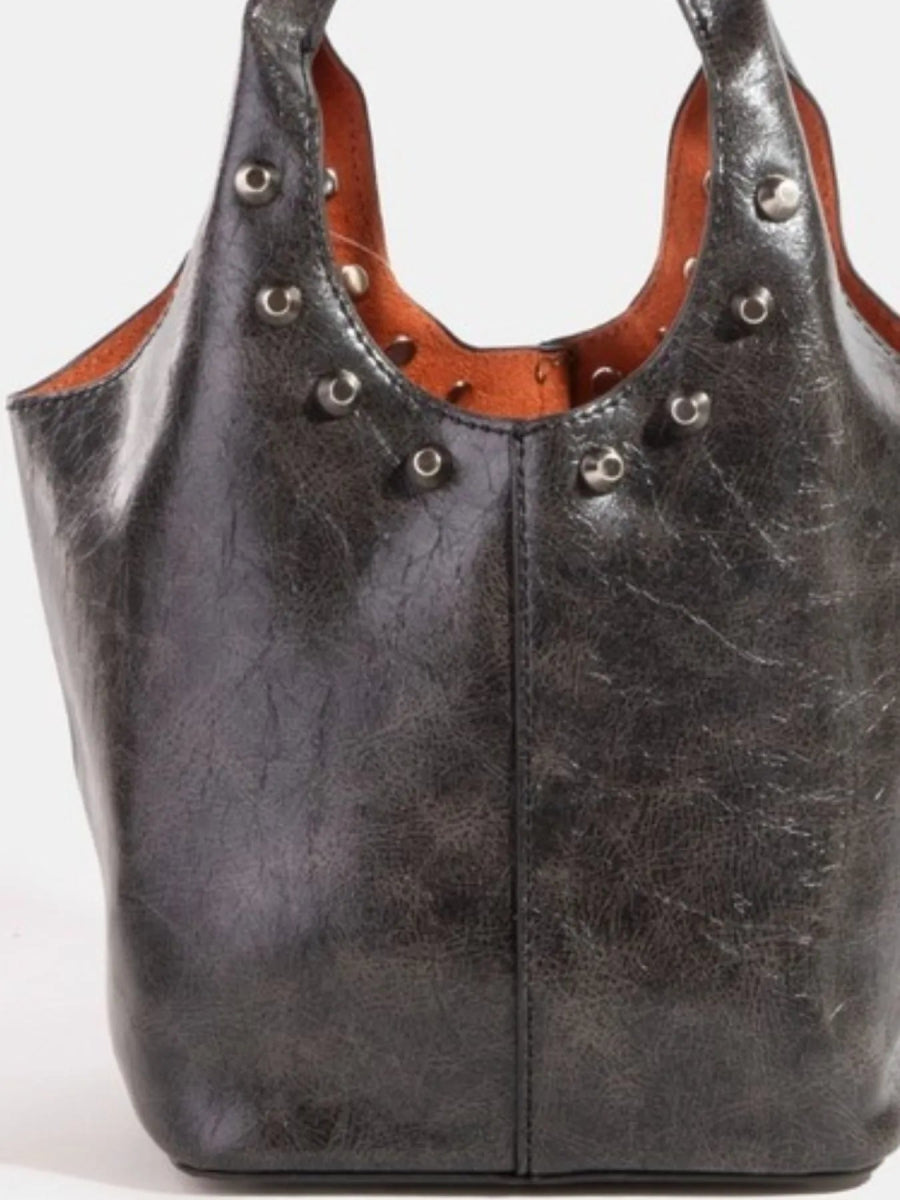 Fame Weathered Faux Leather And Studs Bucket Bag - - - Trendsi