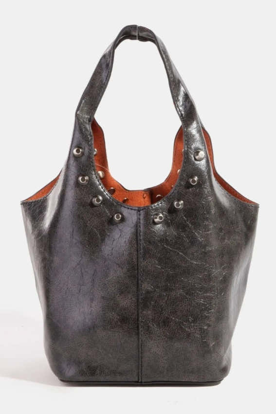 Fame Weathered Faux Leather And Studs Bucket Bag - Black One Size - Milvertons