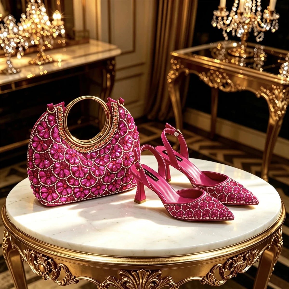 Elegant Rhinestone Pointed Toe Heels & Matching Handbag Set - Fuchsia - Women - Shoes - Milvertons