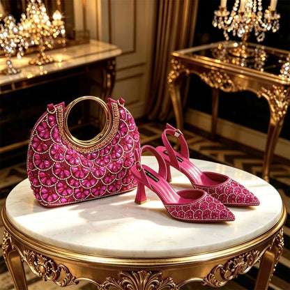 Elegant Rhinestone Pointed Toe Heels & Matching Handbag Set - Fuchsia - Women - Shoes - Milvertons