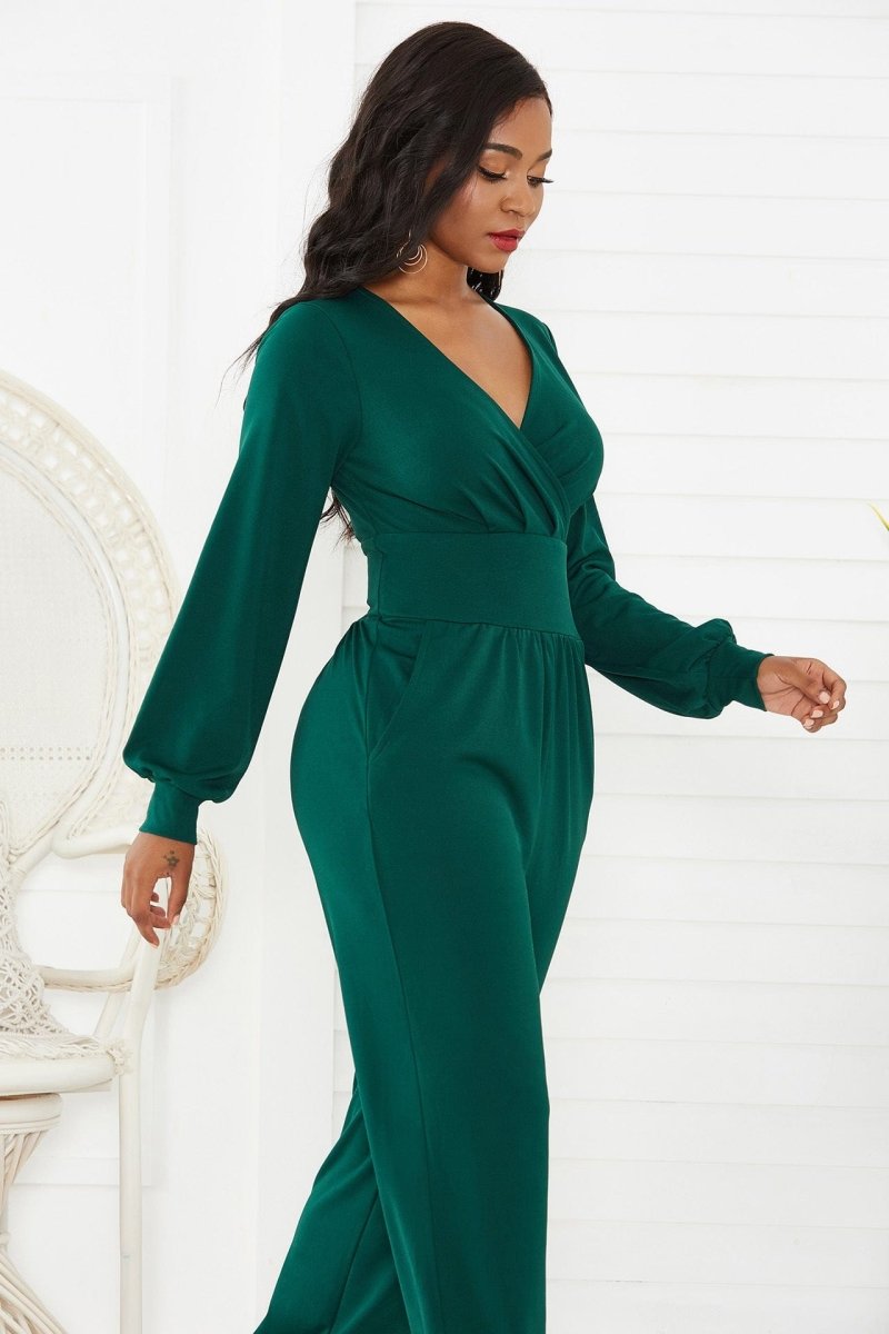 Gathered Detail Surplice Lantern Sleeve Jumpsuit - - Apparel & Accessories - Clothing - One-Pieces - Jumpsuits & Rompers - Milvertons