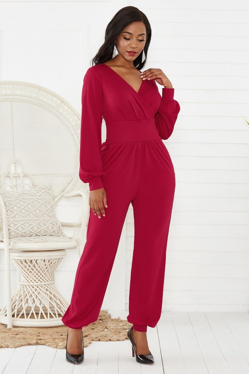 Gathered Detail Surplice Lantern Sleeve Jumpsuit - - Apparel & Accessories - Clothing - One-Pieces - Jumpsuits & Rompers - Milvertons