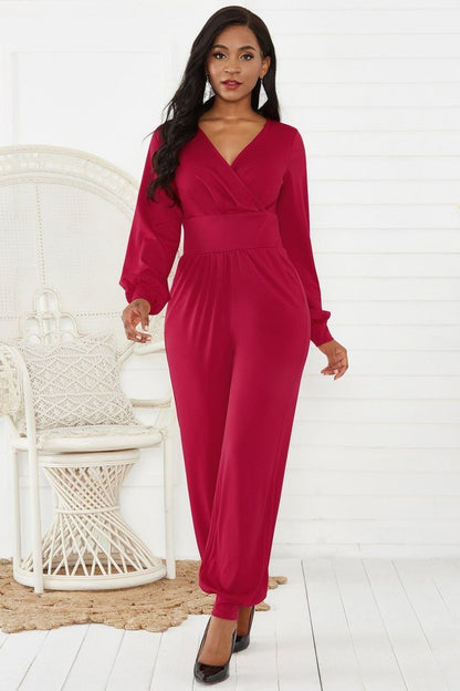 Gathered Detail Surplice Lantern Sleeve Jumpsuit - - Apparel & Accessories - Clothing - One-Pieces - Jumpsuits & Rompers - Milvertons