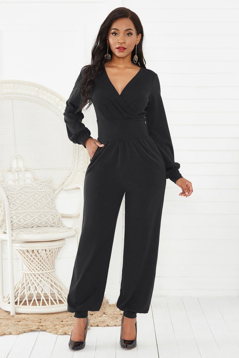 Gathered Detail Surplice Lantern Sleeve Jumpsuit - Black - Apparel & Accessories - Clothing - One-Pieces - Jumpsuits & Rompers - Milvertons