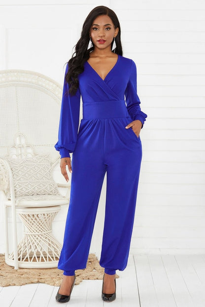 Gathered Detail Surplice Lantern Sleeve Jumpsuit - - Apparel & Accessories - Clothing - One-Pieces - Jumpsuits & Rompers - Milvertons