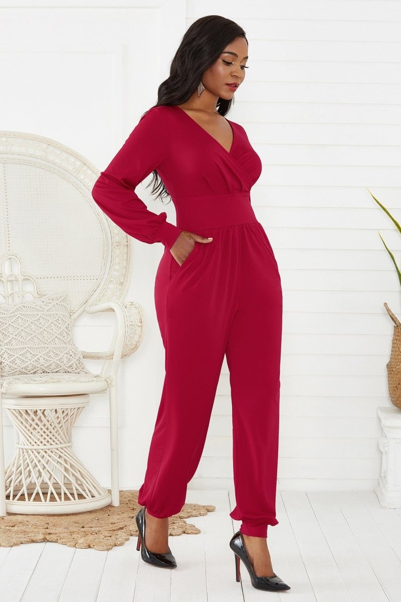 Gathered Detail Surplice Lantern Sleeve Jumpsuit - - Apparel & Accessories - Clothing - One-Pieces - Jumpsuits & Rompers - Milvertons