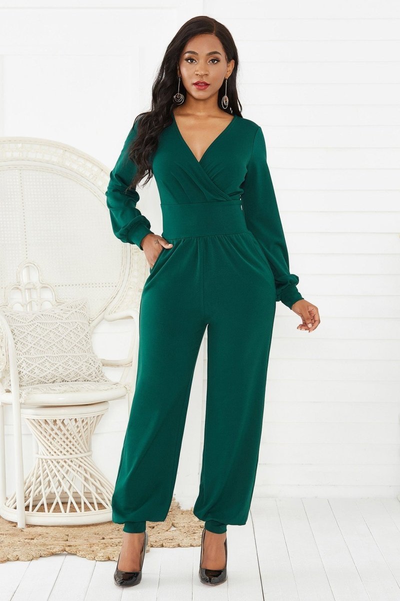 Solid lantern sleeve mock neck jumpsuits on sale