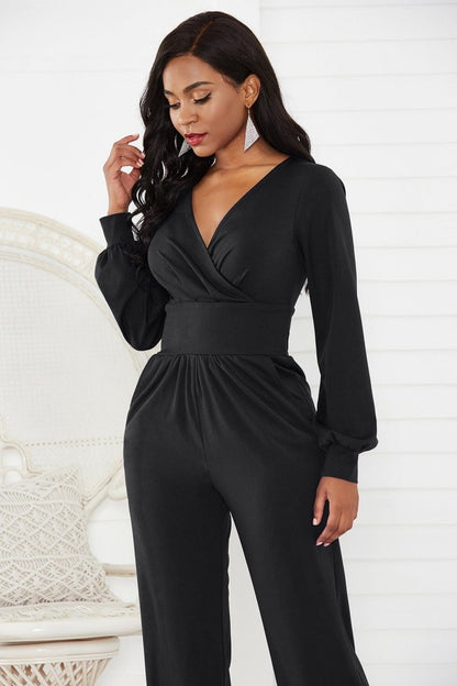 Gathered Detail Surplice Lantern Sleeve Jumpsuit - - Apparel & Accessories - Clothing - One-Pieces - Jumpsuits & Rompers - Milvertons