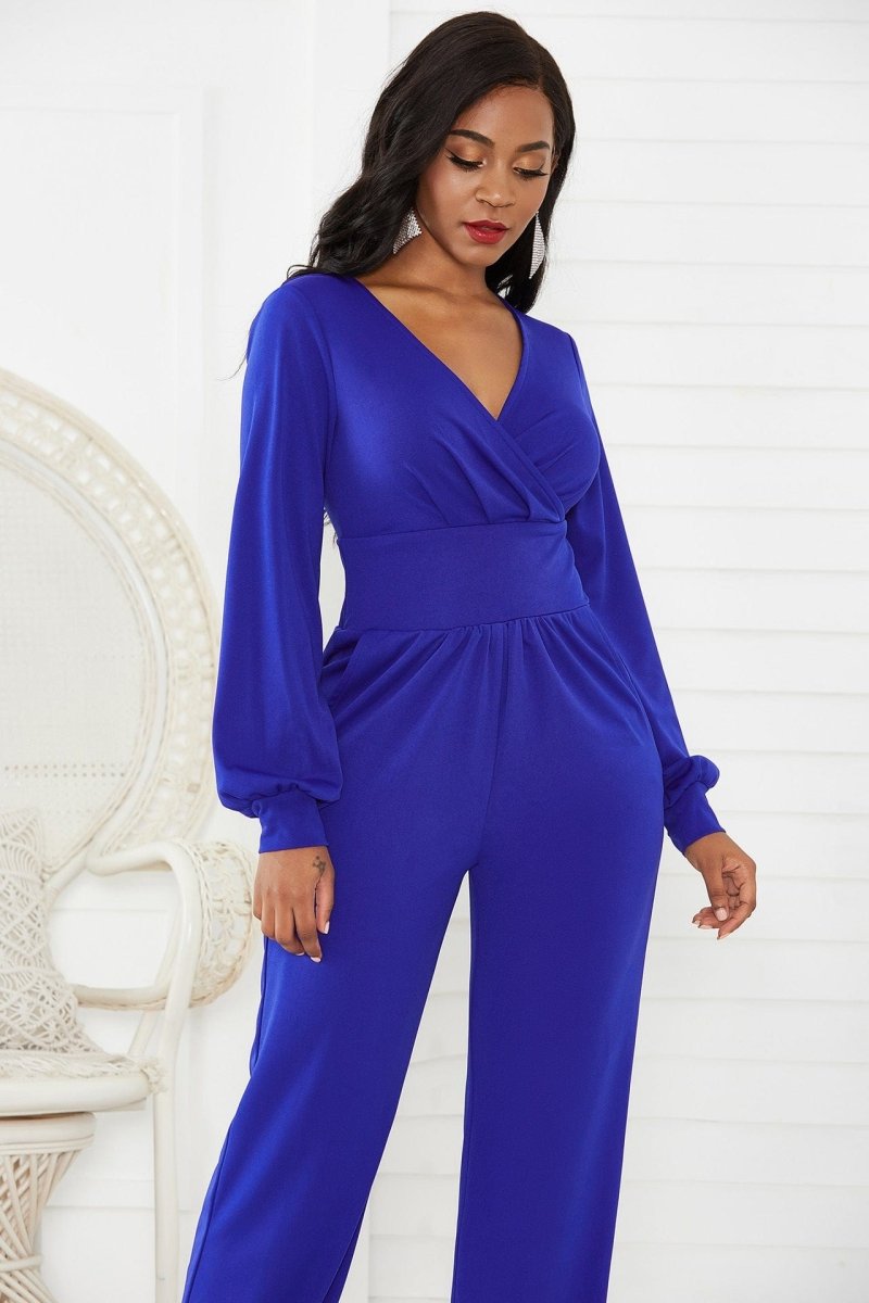 Gathered Detail Surplice Lantern Sleeve Jumpsuit - - Apparel & Accessories - Clothing - One-Pieces - Jumpsuits & Rompers - Milvertons