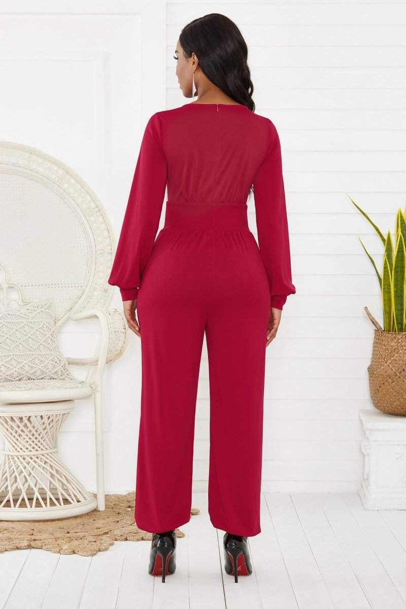 Gathered Detail Surplice Lantern Sleeve Jumpsuit - - Apparel & Accessories - Clothing - One-Pieces - Jumpsuits & Rompers - Milvertons