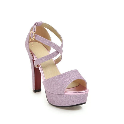 Purple glitter high-heeled sandal on a white background